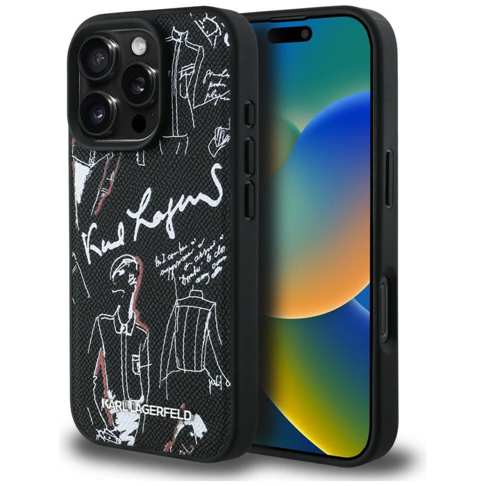 Karl Lagerfeld Grained Pattern &amp; Logo MagSafe Case for iPhone 16 Pro - Black