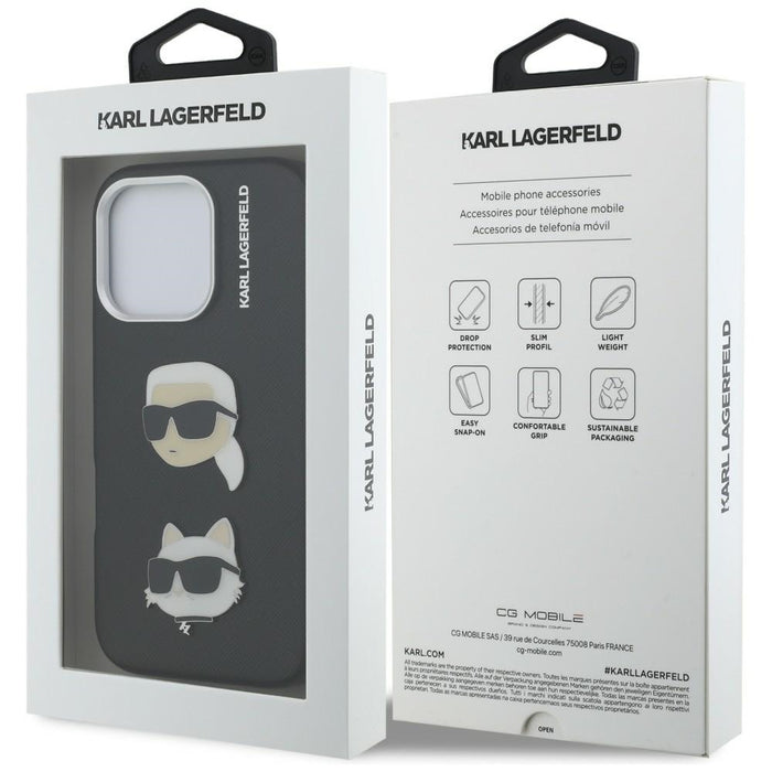Karl Lagerfeld FW Grained Karl &amp; Choupette Heads Pins Case for iPhone 16 Pro - Black