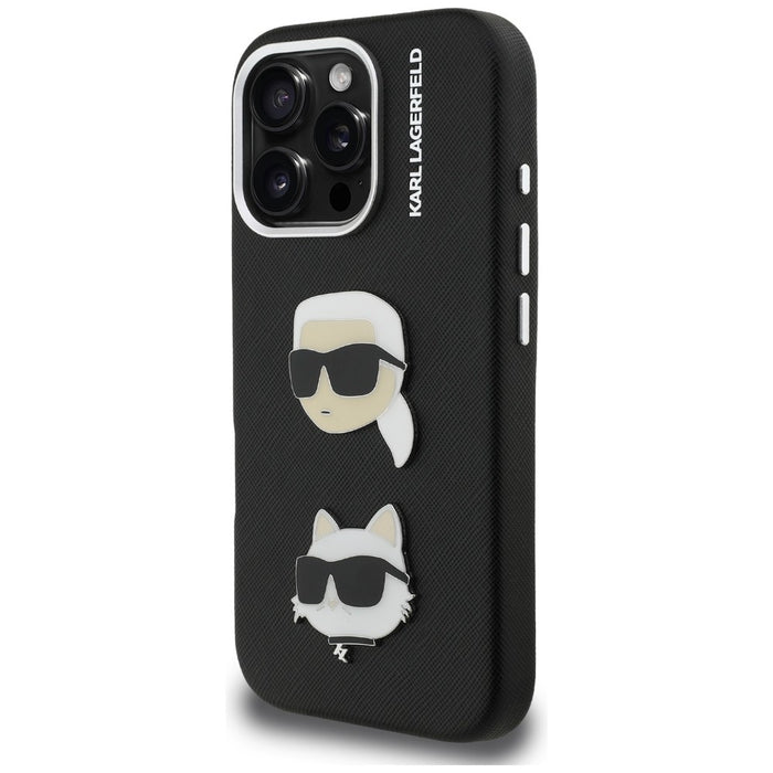 Karl Lagerfeld FW Grained Karl &amp; Choupette Heads Pins Case for iPhone 16 Pro - Black