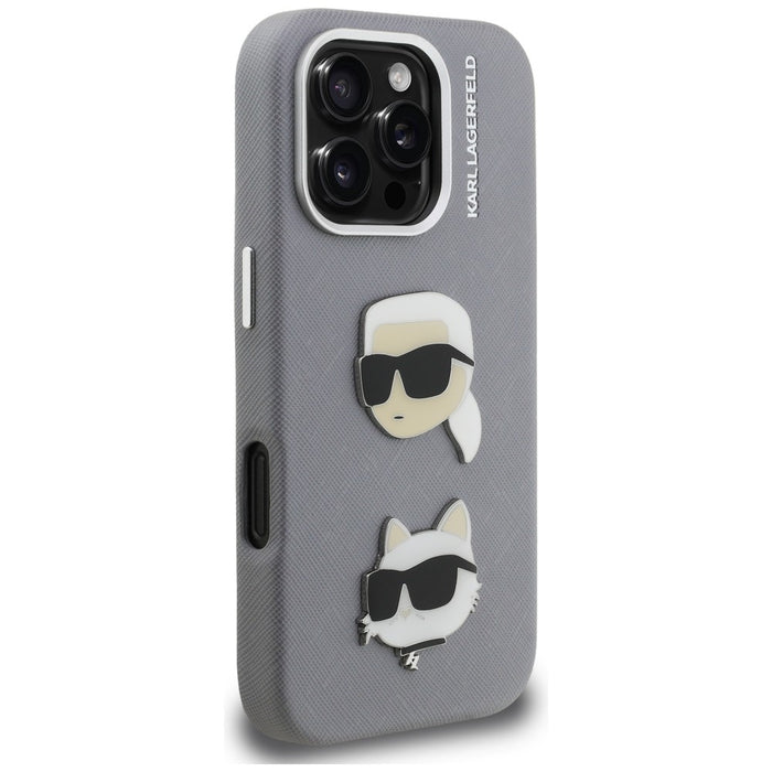 Karl Lagerfeld FW Grained Karl &amp; Choupette Heads Pins Case for iPhone 16 Pro Max - Gray