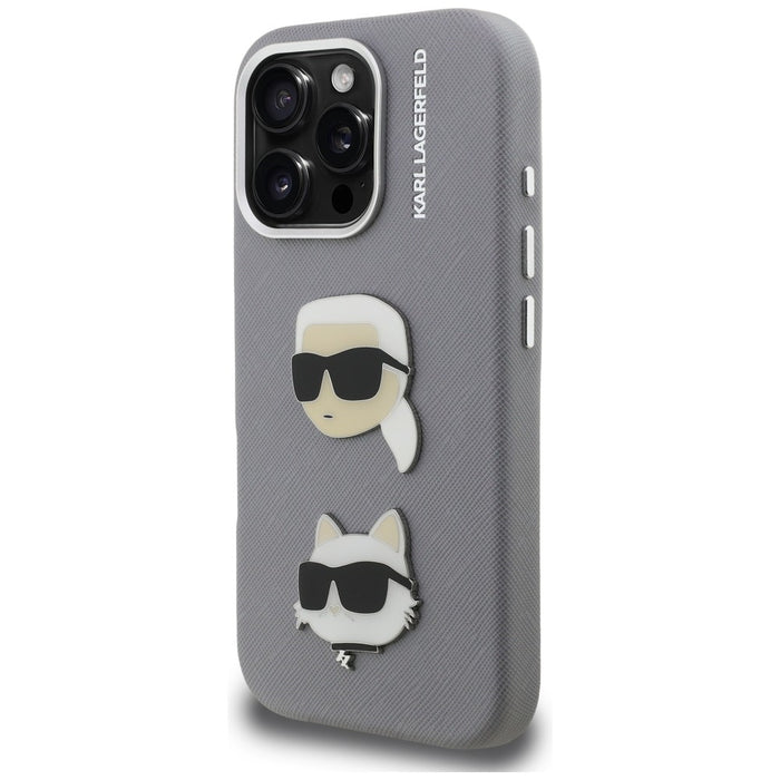 Karl Lagerfeld FW Grained Karl &amp; Choupette Heads Pins Case for iPhone 16 Pro - Gray