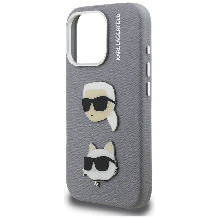 Karl Lagerfeld FW Grained Karl &amp; Choupette Heads Pins Case for iPhone 16 Pro - Gray