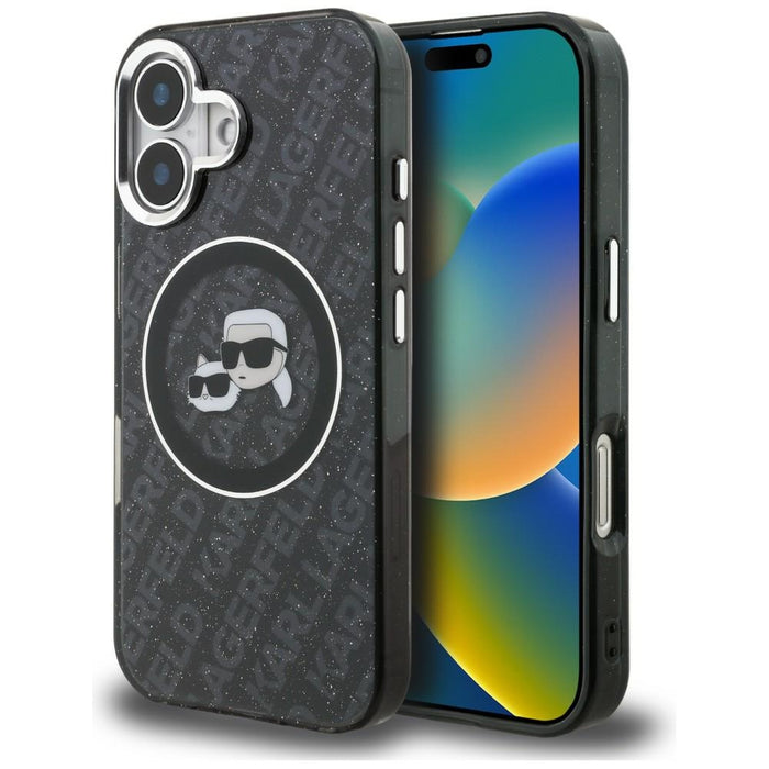 Karl Lagerfeld IML Glitter Karl &amp; Choupette Heads Logo MagSafe Case for iPhone 16 - Black