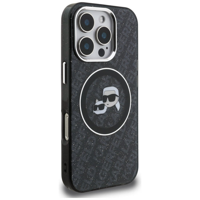 Karl Lagerfeld IML Glitter Karl &amp; Choupette Heads Logo MagSafe Case for iPhone 16 Pro - Black