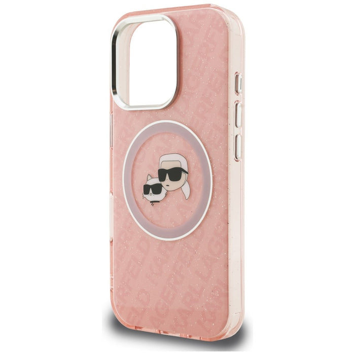 Karl Lagerfeld IML Glitter Karl &amp; Choupette Heads Logo MagSafe Case for iPhone 16 Pro Max - Pink