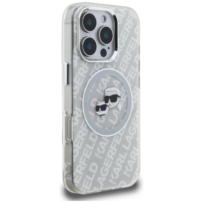 Karl Lagerfeld IML Glitter Karl &amp; Choupette Heads Logo MagSafe Case for iPhone 16 Pro - Gray
