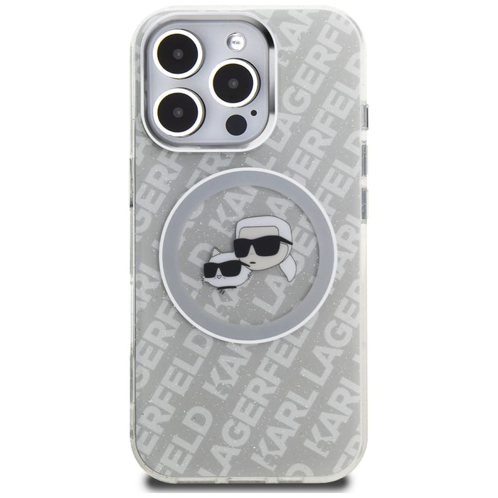 Karl Lagerfeld IML Glitter Karl &amp; Choupette Heads Logo MagSafe Case for iPhone 16 Pro - Gray