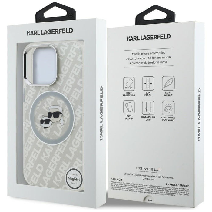 Karl Lagerfeld IML Glitter Karl &amp; Choupette Heads Logo MagSafe Case for iPhone 16 Pro - Gray