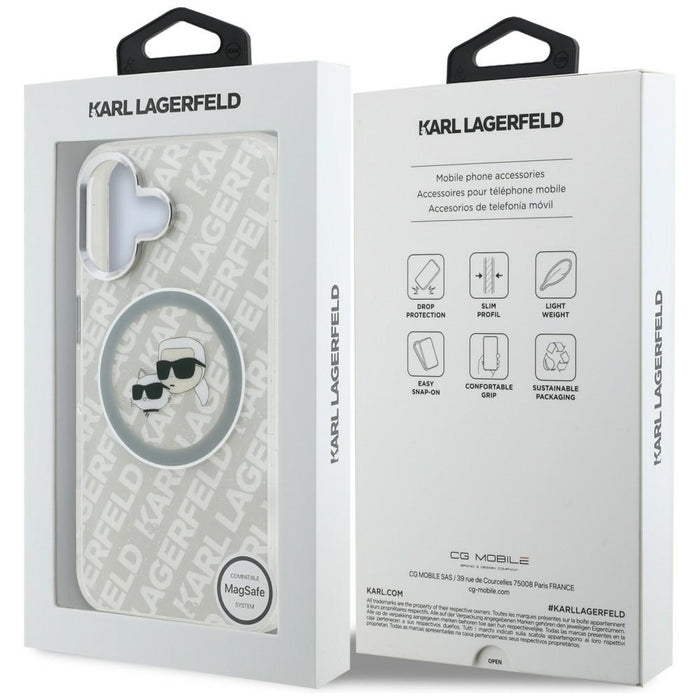 Karl Lagerfeld IML Glitter Karl &amp; Choupette Heads Logo MagSafe iPhone 16 Case - Gray
