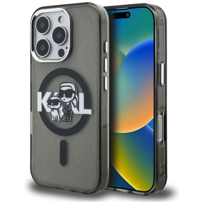 Karl Lagerfeld IML Glitter Karl &amp; Choupette Sketch Logo MagSafe Case for iPhone 16 Pro - Black
