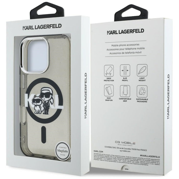 Karl Lagerfeld IML Glitter Karl &amp; Choupette Sketch Logo MagSafe Case for iPhone 16 Pro Max - Black