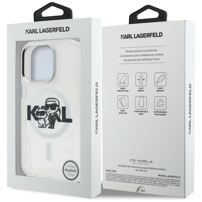 Karl Lagerfeld IML Glitter Karl &amp; Choupette Sketch Logo MagSafe Case for iPhone 16 Pro Max - Clear