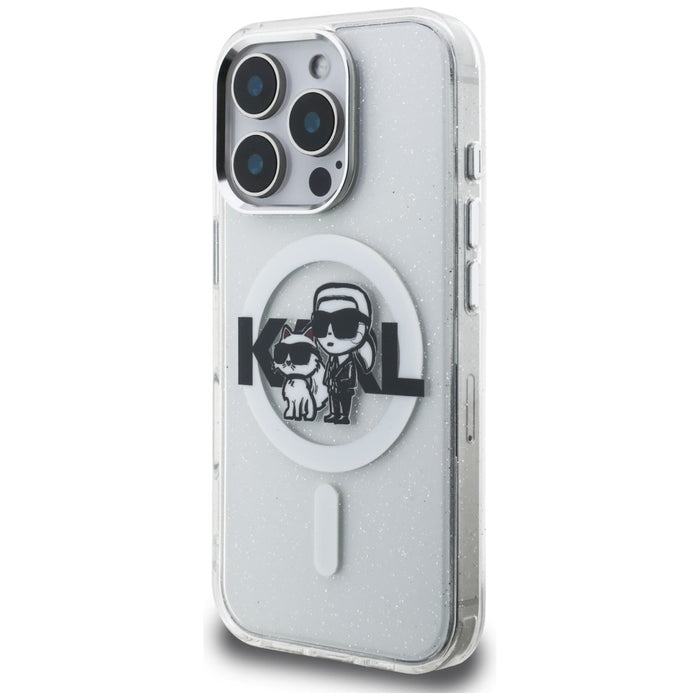 Karl Lagerfeld IML Glitter Karl &amp; Choupette Sketch Logo MagSafe Case for iPhone 16 Pro Max - Clear