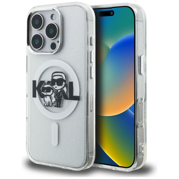 Karl Lagerfeld IML Glitter Karl &amp; Choupette Sketch Logo MagSafe Case for iPhone 16 Pro - Clear