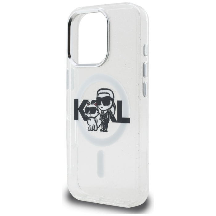 Karl Lagerfeld IML Glitter Karl &amp; Choupette Sketch Logo MagSafe Case for iPhone 16 Pro - Clear