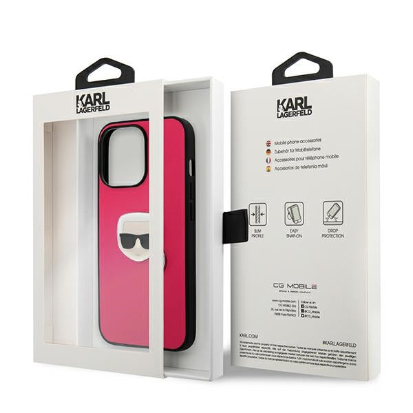 Karl Lagerfeld Leather Ikonik Karl&#39;s Head Metal Case for iPhone 13 Pro / 13 6.1&quot; - Pink