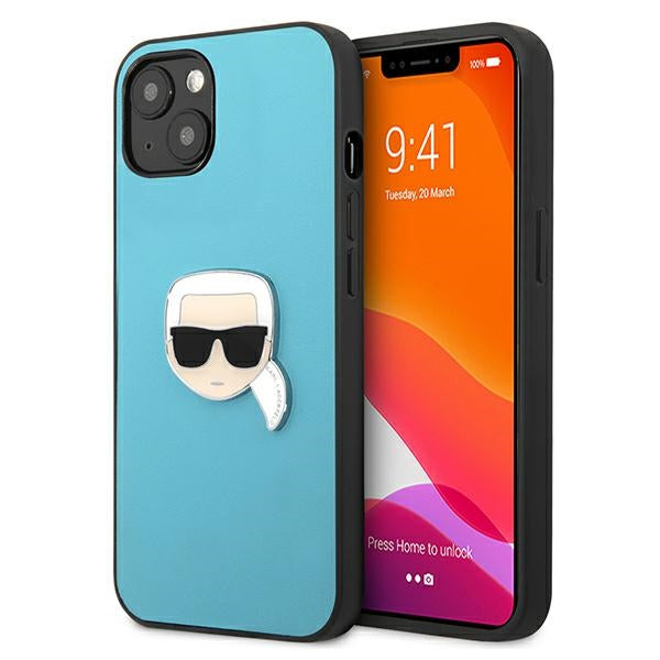 Karl Lagerfeld Leather Ikonik Karl&#39;s Head Metal Case for iPhone 13 mini - Blue