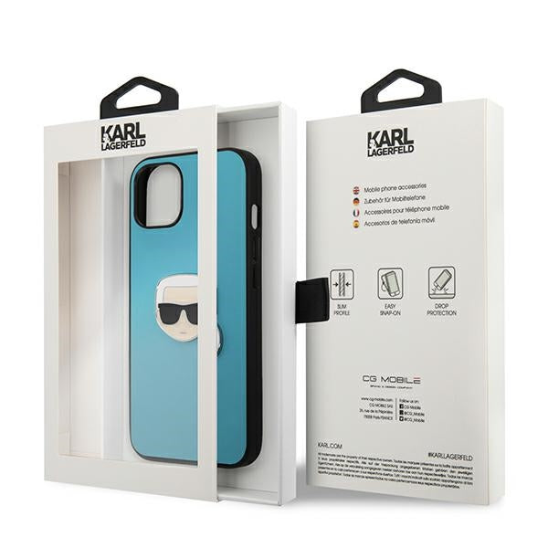 Karl Lagerfeld Leather Ikonik Karl&#39;s Head Metal Case for iPhone 13 mini - Blue
