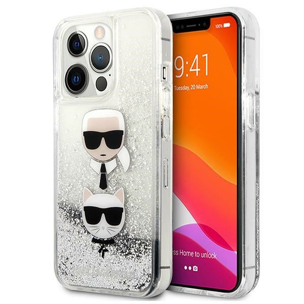 Karl Lagerfeld Liquid Glitter Karl&amp;Choupette Head case for iPhone 13 Pro / iPhone 13 - silver