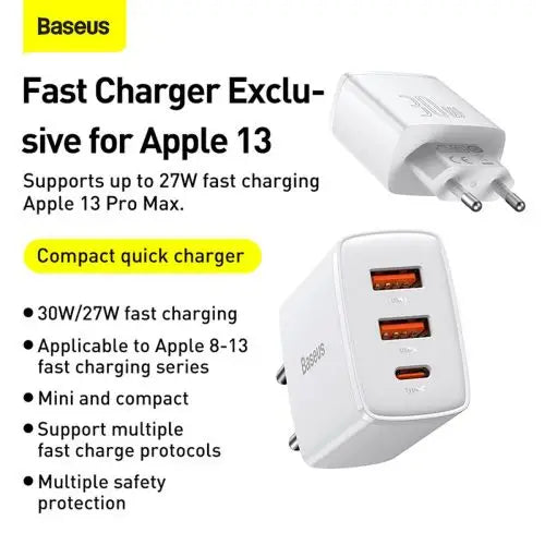 Ładowarka sieciowa Baseus Compact Quick Charger 2xUSB USB-C PD 3A 30W (biała) - Travel