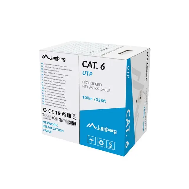 Lanberg LAN cable CAT.6 utp 100m solid cu grey cpr + fluke passed - Мрежови кабели<<<LANBERG мрежово и