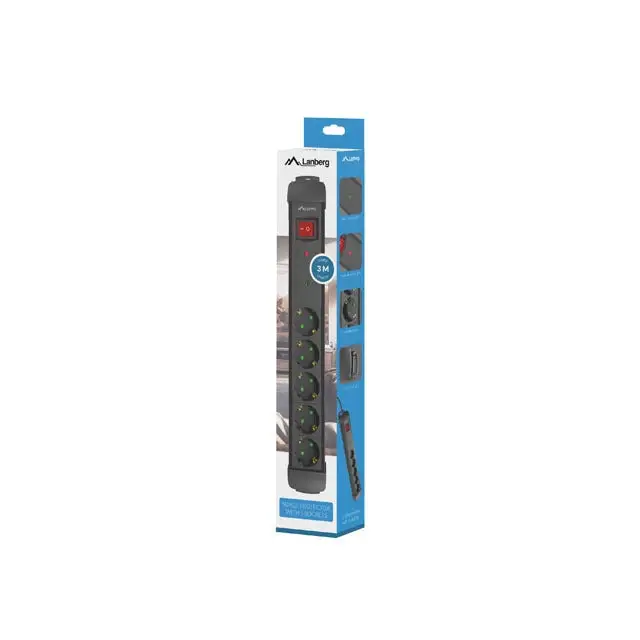 Lanberg surge protector sp1 3m 5x schuko outlets black - Разклонители<<<LANBERG сървърни шкафове и