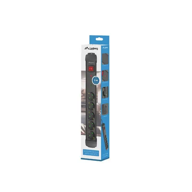 Lanberg surge protector sp1 5m 5x schuko outlets black - Разклонители<<<LANBERG сървърни шкафове и