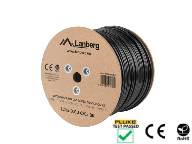 Lanberg LAN cable CAT.5e utp 305m solid outdoor gel-filled cu black fluke passed
