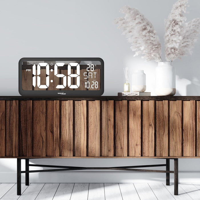 Large Digital Clock Wall Mount Free Standing with Temperature Sensor 37x17cm LCD Display Power Adapter & Battery