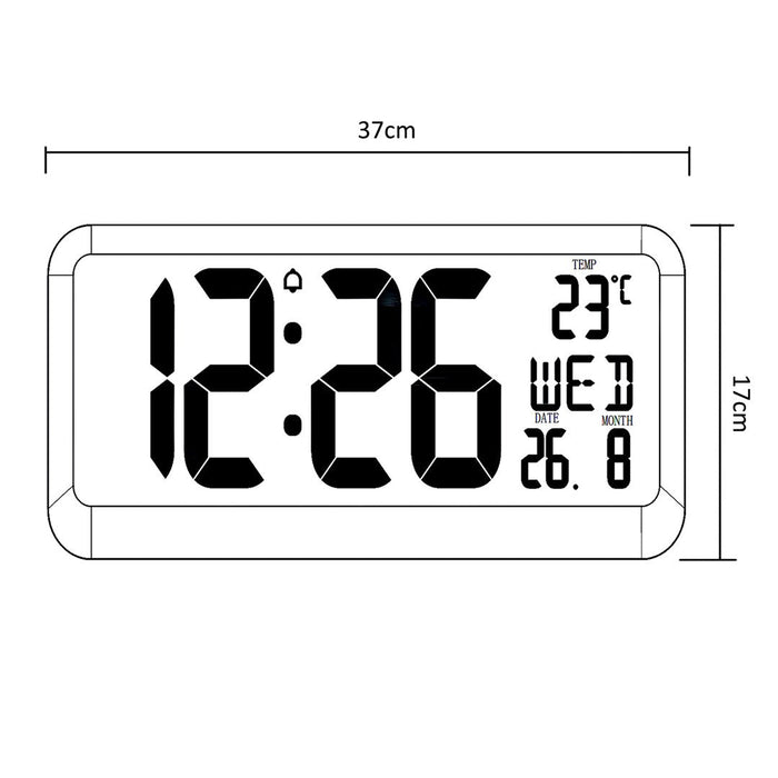 Large Digital Clock Wall Mount Free Standing with Temperature Sensor 37x17cm LCD Display Power Adapter & Battery