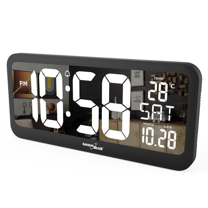 Large Digital Clock Wall Mount Free Standing with Temperature Sensor 37x17cm LCD Display Power Adapter & Battery