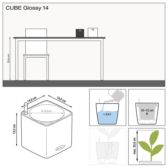 POT 14X14CM WITH IRRIGATION SYSTEM LECHUZA CUBE GLOSSY