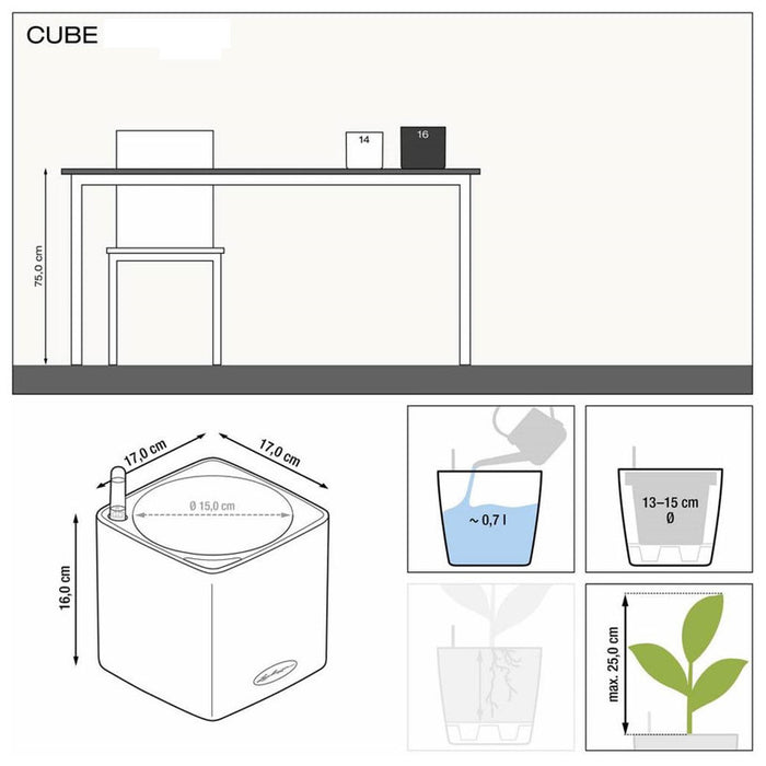 POT 17X17CM WITH IRRIGATION SYSTEM LECHUZA CUBE GLOSSY