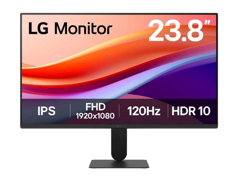 LG 24U41YA-B, 23,8" IPS, 1ms MBR, 5ms (GtG at Faster), 120Hz, 1500:1,  HDR 10 / sRGB 99%, Dynamic Action Sync, 250 cd/m2, Full HD 1920x1080, AMD FreeSync, VRR, Eye-care, LG Switch, Reader Mode, D-Sub, HDMI, Tilt, Black
