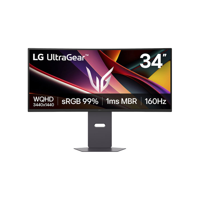 LG 34G600A-B, 34", UltraGear 21:9 Curved, VA, 1ms MBR, 5ms, WQHD (3440x1440), 160Hz, HDR 10, 4000:1, 300cd/m2, sRGB 99%, Free-sync, NVIDIA G-SYNC Compatible, VRR, HDMI, DP, Speakers 5Wx2, LG Switch, Height, Swivel, Tilt, Black