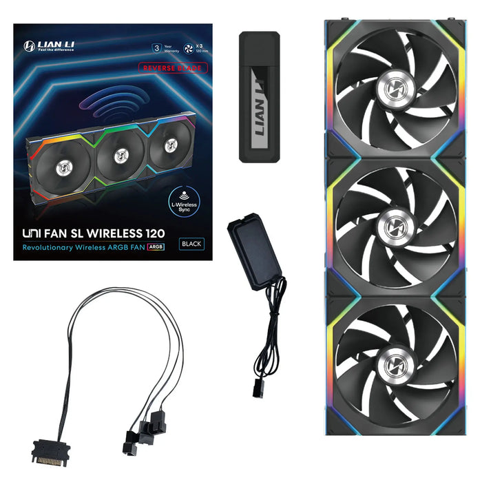 Fans 3 pcs Lian Li UNI FAN SL Wireless ARGB PWM Reverse Blade - 120 mm Black + Controller