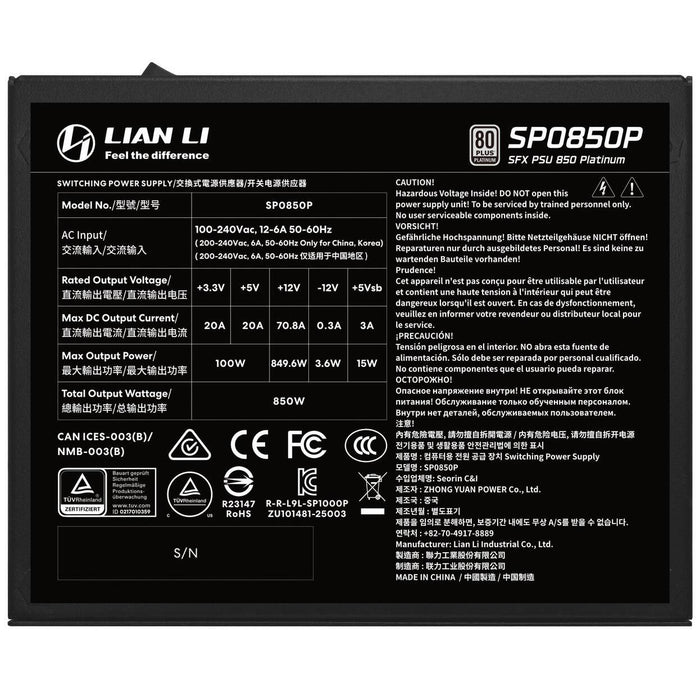 Power supply unit Lian Li SP850 Black 850W 80+ Platinum PCIe 5.1, ATX 3.1