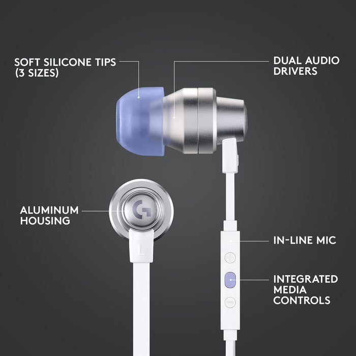 Gaming headset with microphone Logitech G333 In-ear 3.5 mm + USB-C adapter, plugs wired, white