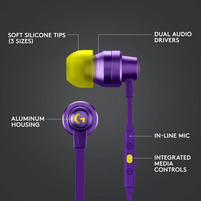 Gaming headset with microphone Logitech G333 In-ear 3.5 mm + USB-C adapter, plugs wired, purple