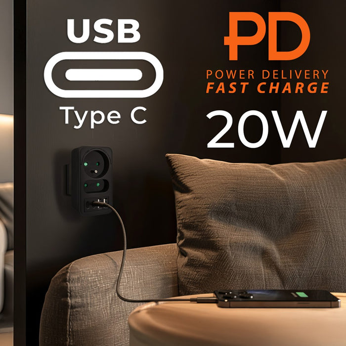 Maclean current socket x2 + 4xUSB, splitter with 2 sockets, 2xUSB A, 2xUSB C PD 20W, 1x16A + 1x6A, MCE249 F/B