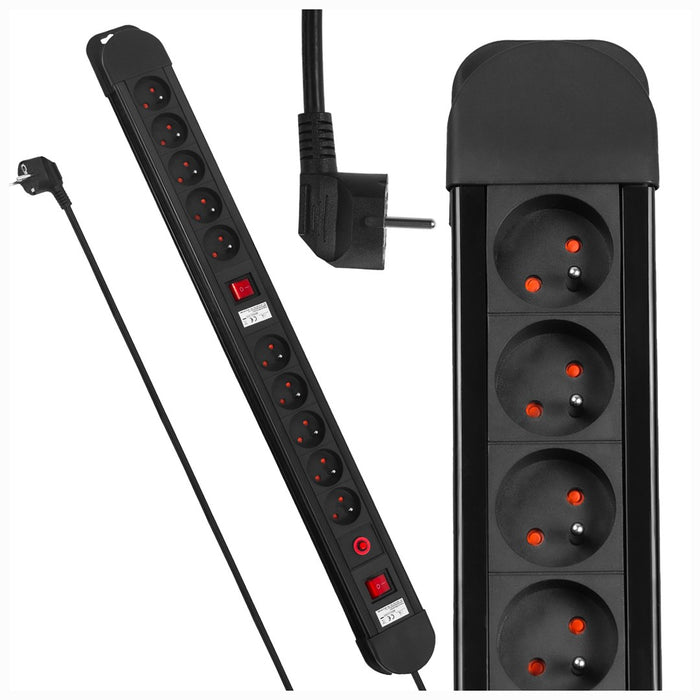 Maclean power strip, 10 outlet extension cord, 2 switches, protection and overload indication, 3680W, MCE10