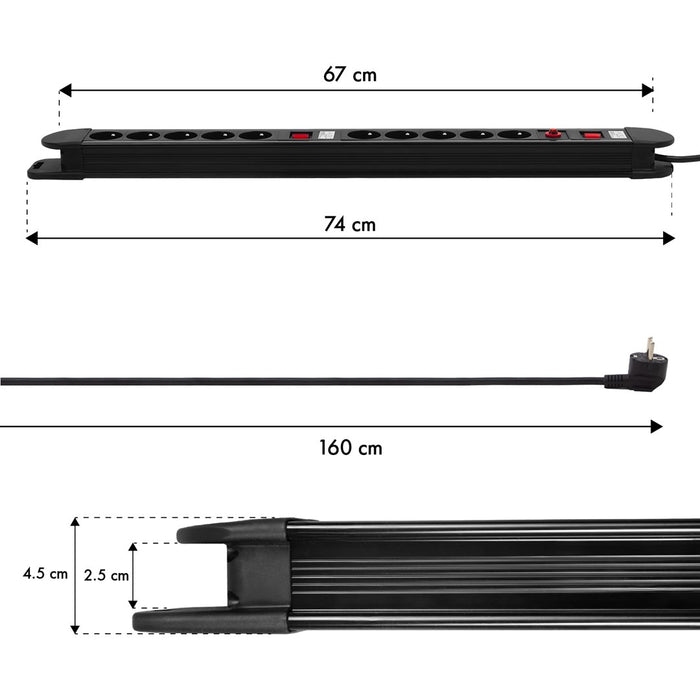 Maclean power strip, 10 outlet extension cord, 2 switches, protection and overload indication, 3680W, MCE10