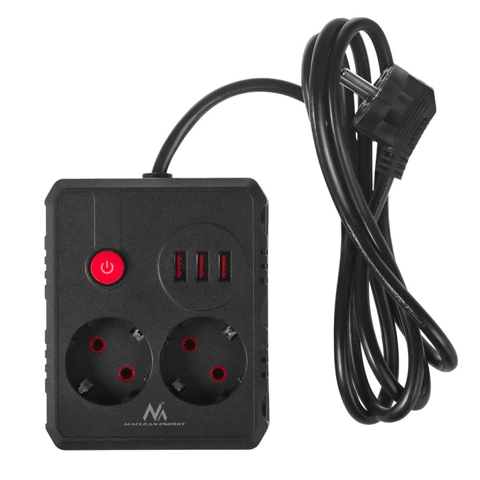 Maclean power strip, extender 2 sockets + 3xUSB, 110-240V AC 50/60Hz, 2.1A max 2500W, 1.5m, black, MCE387 B