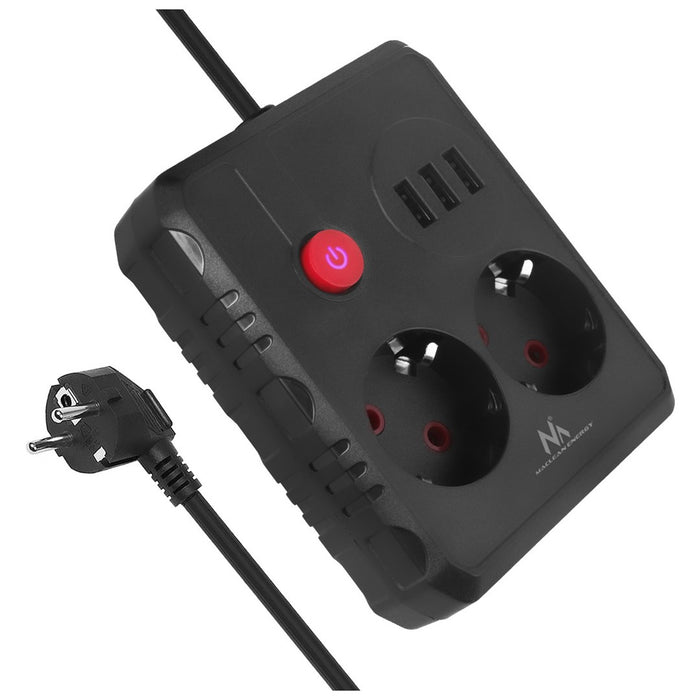 Maclean power strip, extender 2 sockets + 3xUSB, 110-240V AC 50/60Hz, 2.1A max 2500W, 1.5m, black, MCE387 B