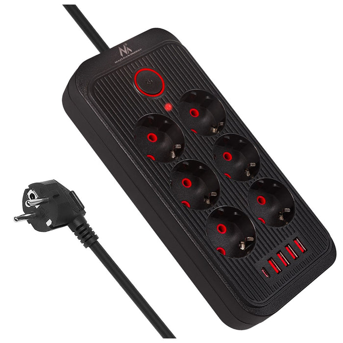 Maclean power strip, 6 socket extension + 4xUSB, 110-240V AC 50/60Hz, 2.1A max 2500W, 1.5 m, black, MCE389 B