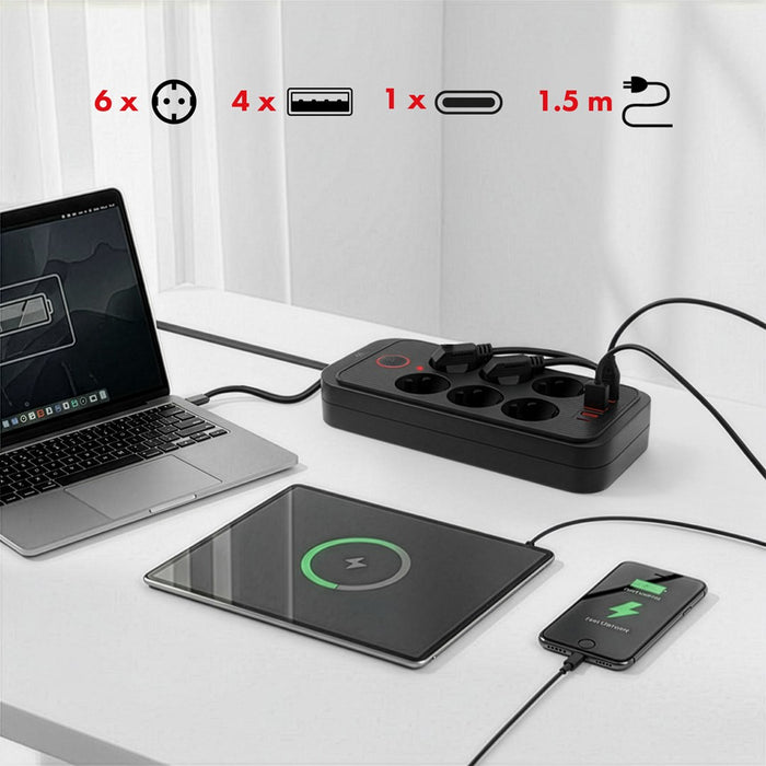 Maclean power strip, 6 socket extension + 4xUSB, 110-240V AC 50/60Hz, 2.1A max 2500W, 1.5 m, black, MCE389 B