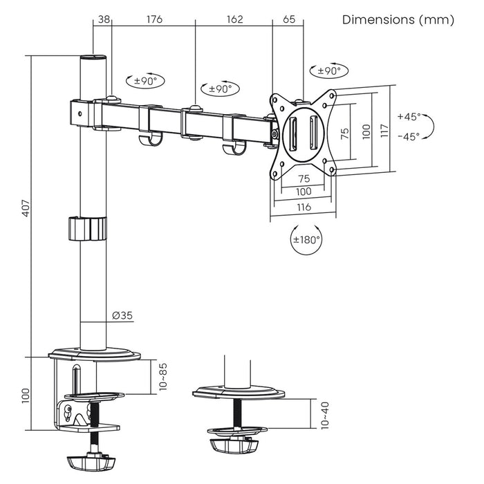 Maclean MC-753N LCD Monitor Desk Mount 17-32" 9kg VESA 75x75 100x100 Single Arm Extendable Adjustable