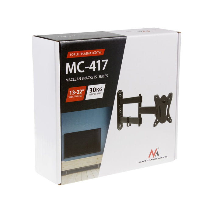 Maclean MC-417 Full Motion TV Monitor Wall Mount 13-32" 30kg max. VESA 100x100 Black Powder Coated Universal Holder Bracket Adjustable Wall Distance Rotating Tilting