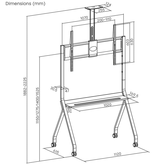 Maclean TV stand / cart, camera shelf, on casters, 55-100", max load 120kg/10kg shelf, max. VESA 900x600, white, MC-114 W