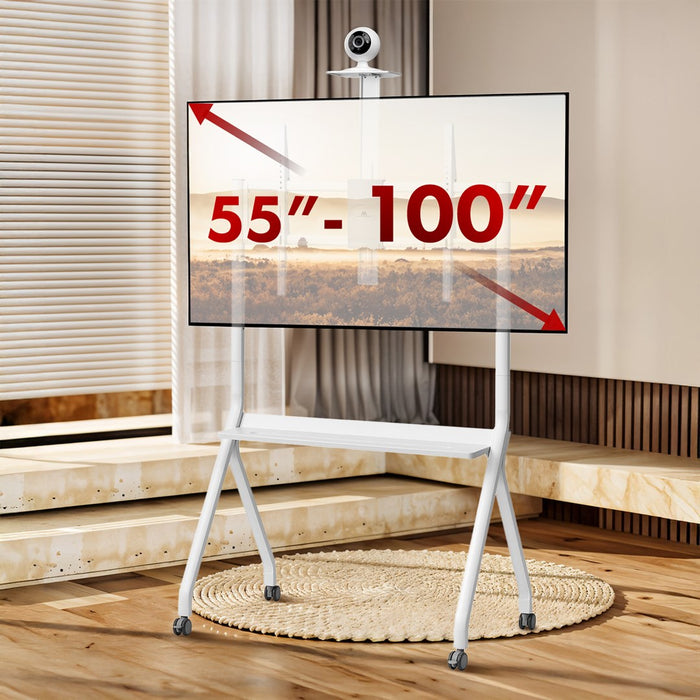 Maclean TV stand / cart, camera shelf, on casters, 55-100", max load 120kg/10kg shelf, max. VESA 900x600, white, MC-114 W